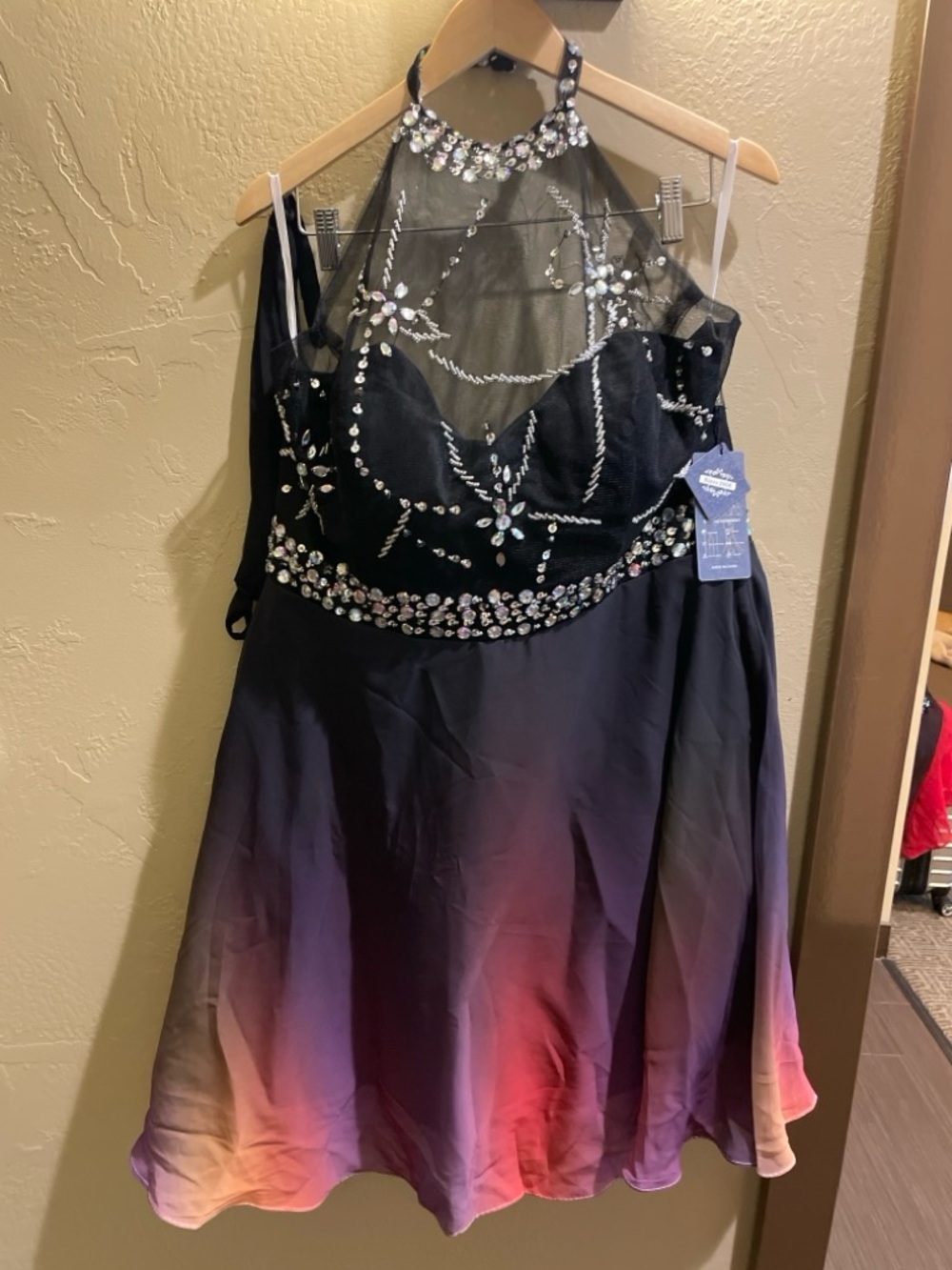 Amazon Black Halter Prom Dress with Ombre Pink Purple Gold Skirt